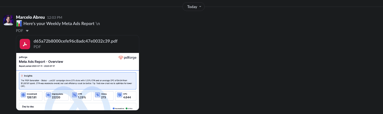 Slack message example with the report