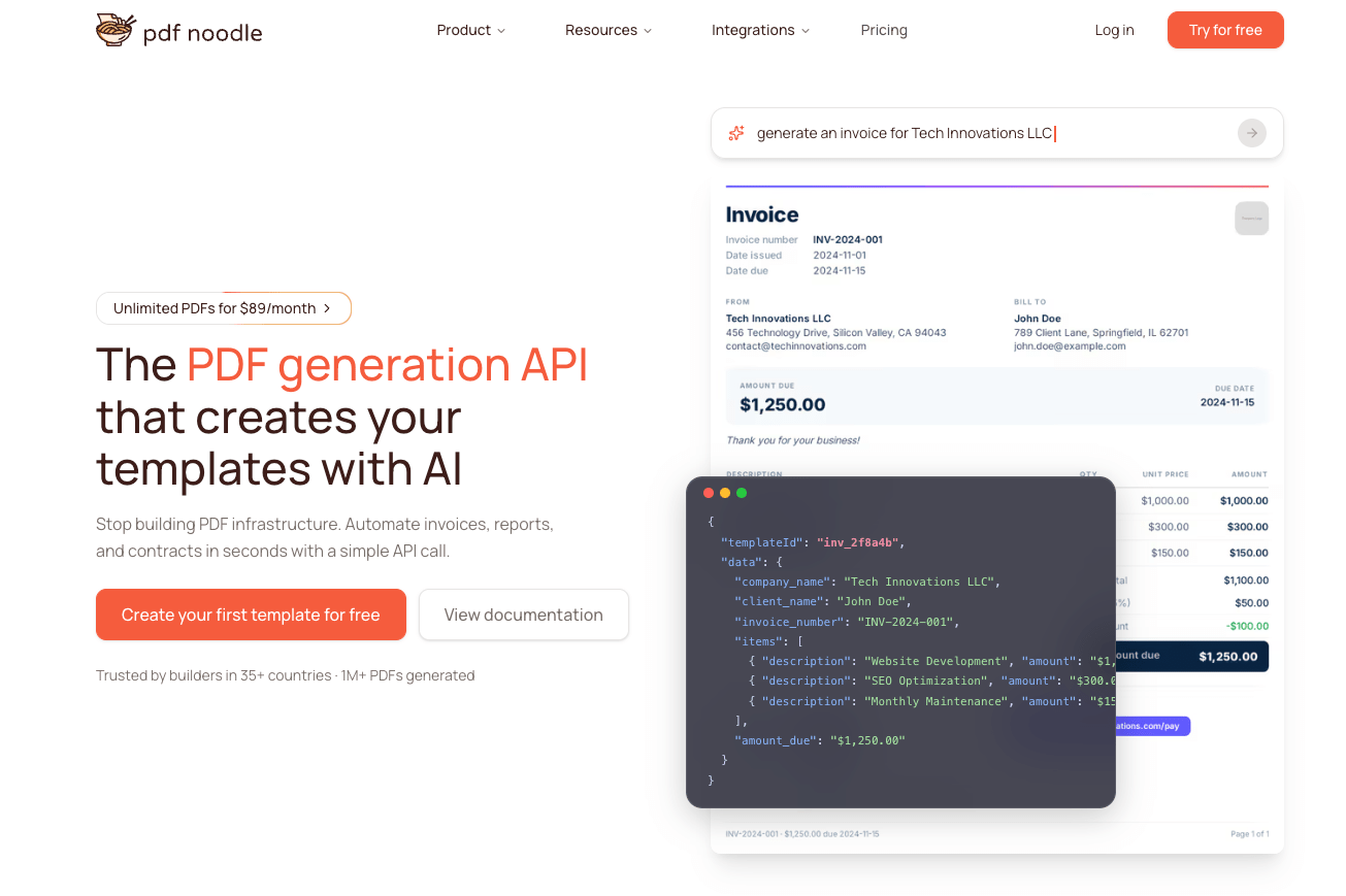 pdf noodle's PDF generation API homepage
