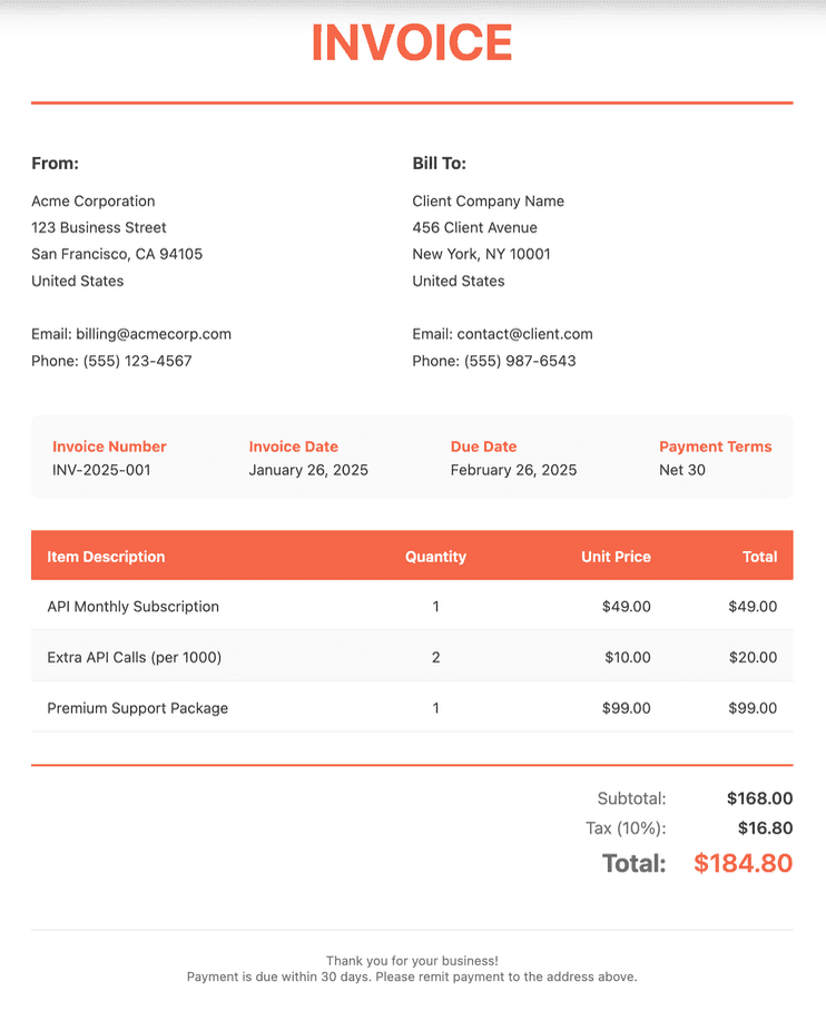 Invoice generated using jsPDF + html2canvas