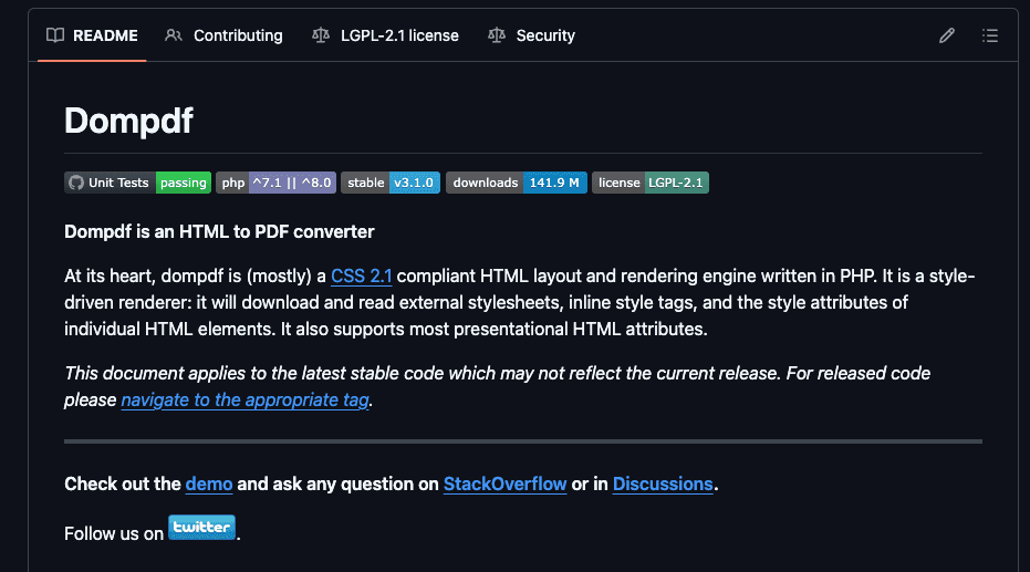 Dompdf github page