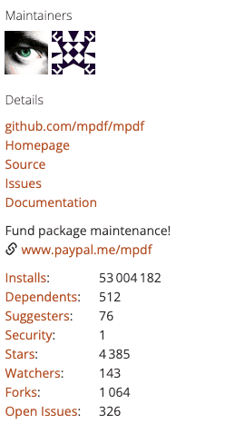 The Packagist print for mpdf