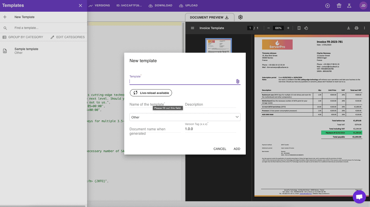 Carbone template creation screen