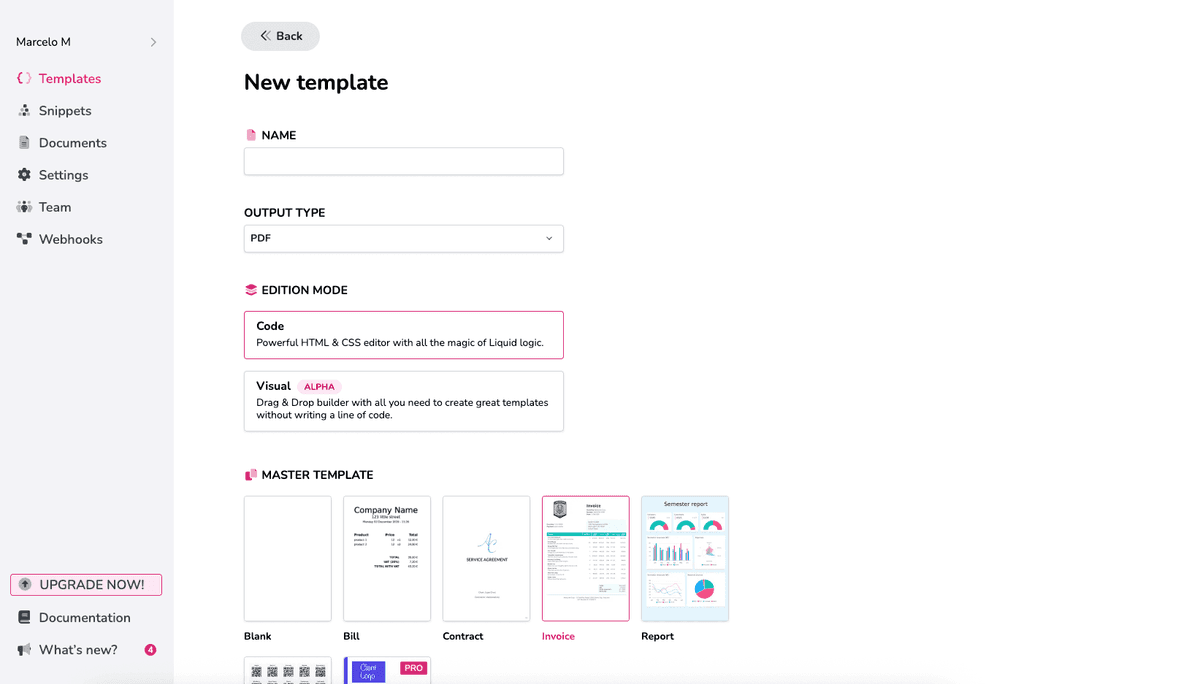 PDFMonkey template creation screen