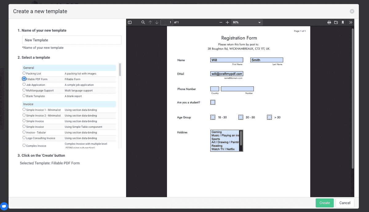 CraftMyPDF template creation screen