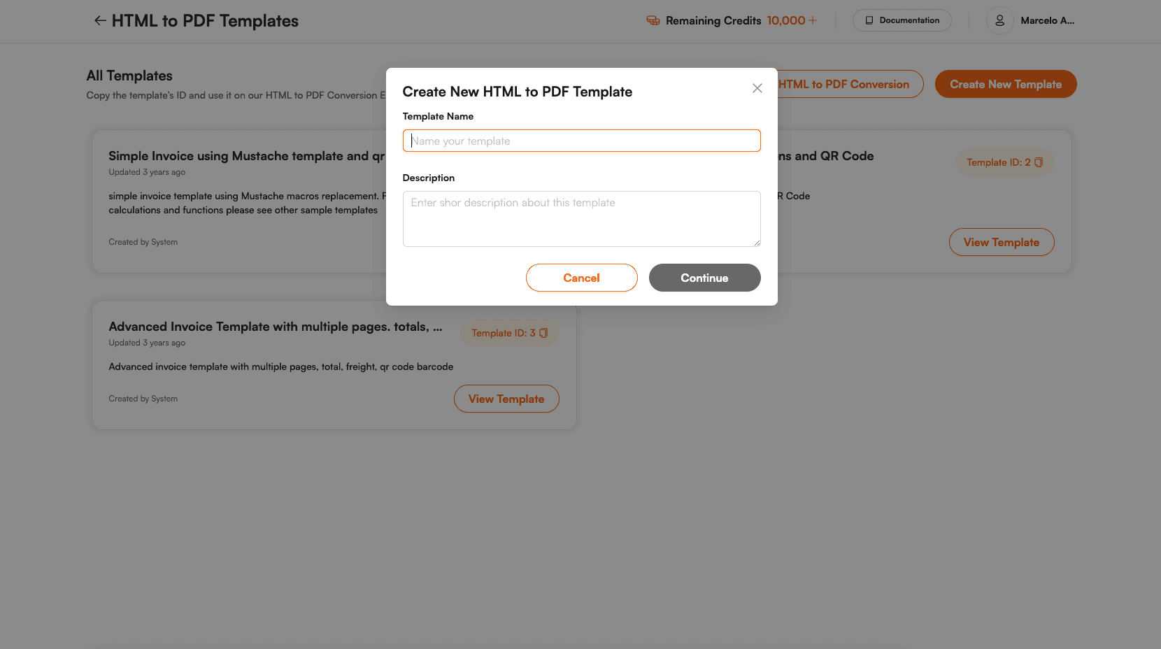 PDF.co template creation screen