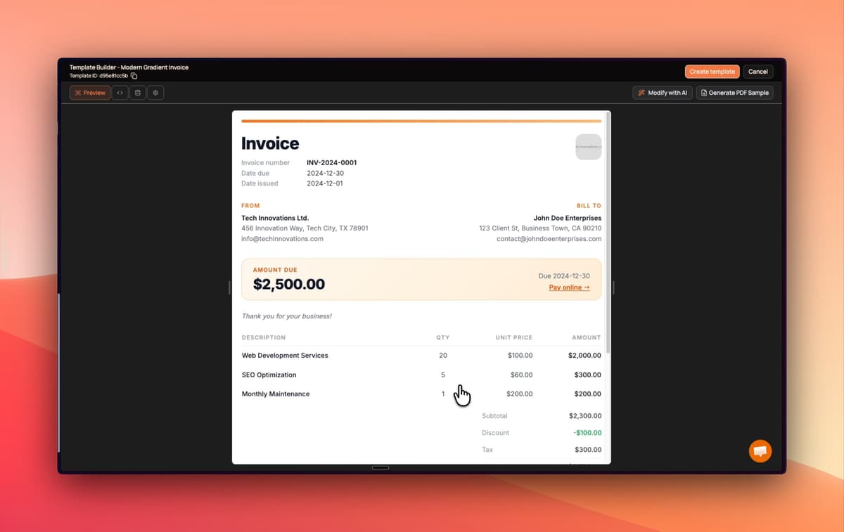 AI template creation demo — building a Stripe-style invoice from a prompt
