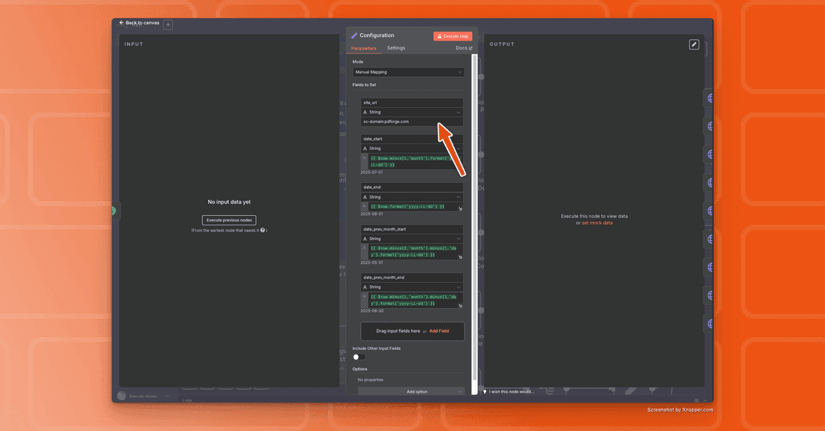 SEO Report configuration node on n8n