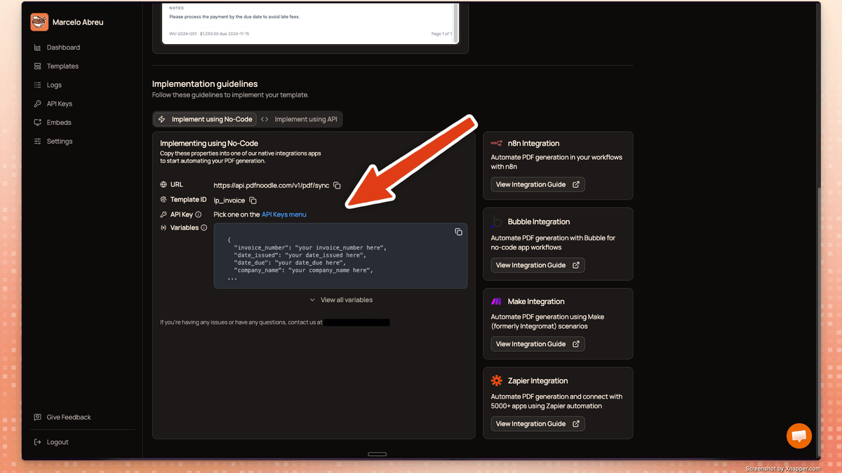 Implementation guidelines with API URL, Template ID, API Key, and integration options