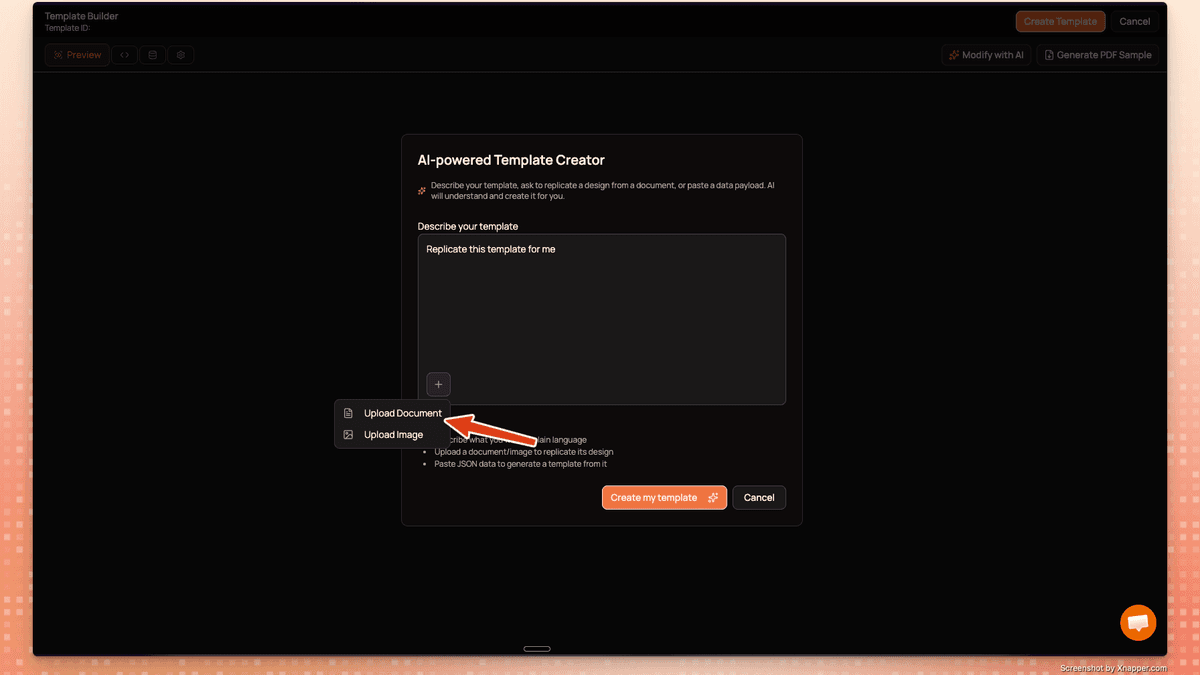 Upload your existing template as a PDF or screenshot and let AI replicate it