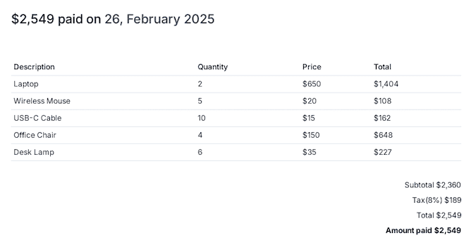 Invoice Main content example