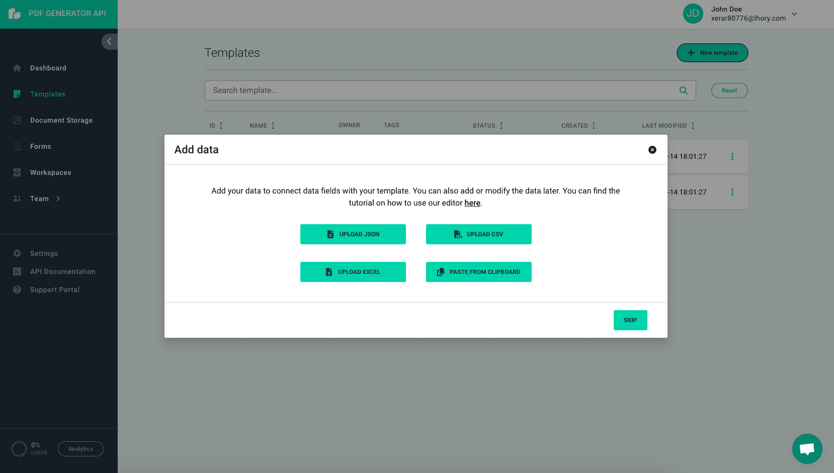 PDF Generator API template creation screen