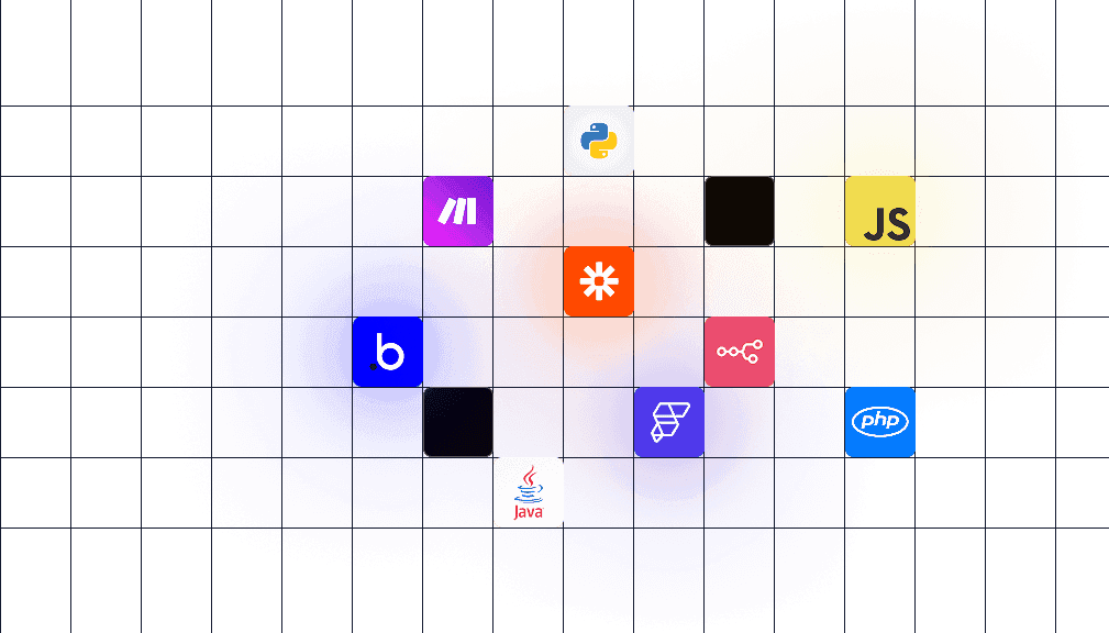 logos of integrations with n8n, Make, Zapier, Bubble, Python, JavaScript, PHP, and more