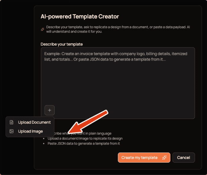AI-powered Template Creator with upload document option