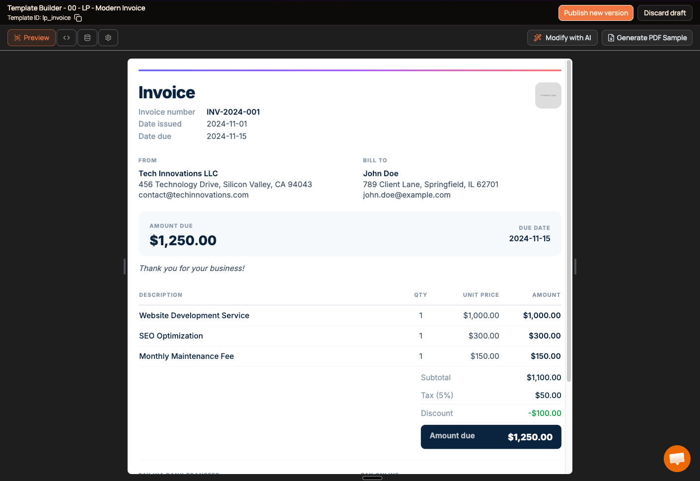 Template Builder showing the replicated invoice template