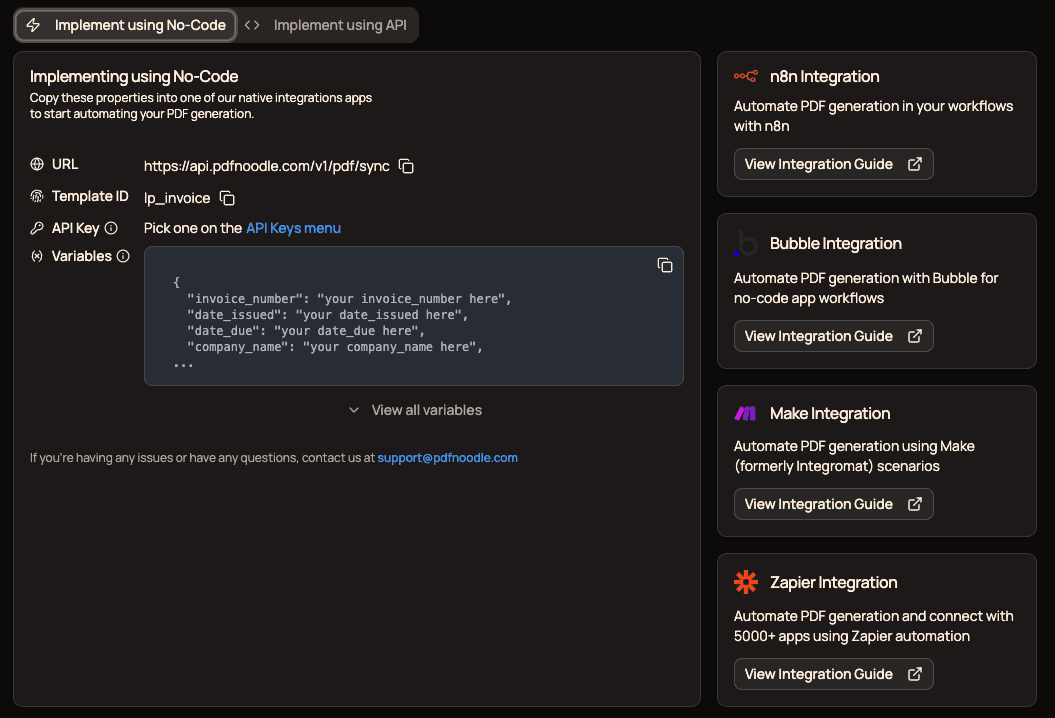 Implementation screen with API endpoint and integration options