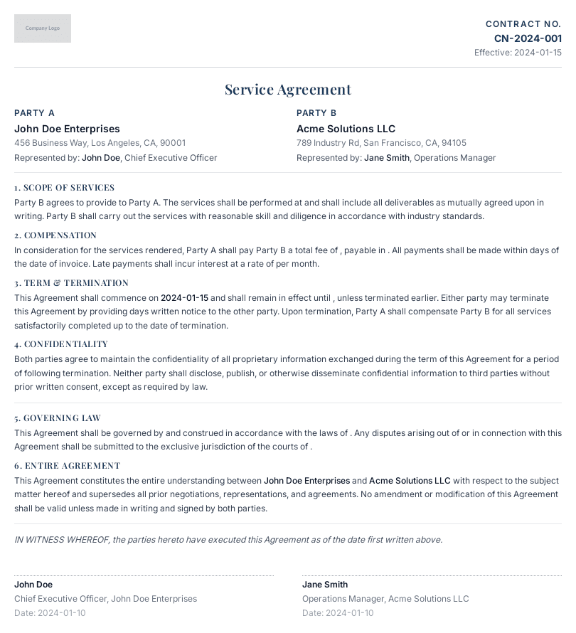 Service agreement PDF generated via API — variable clauses and signature blocks