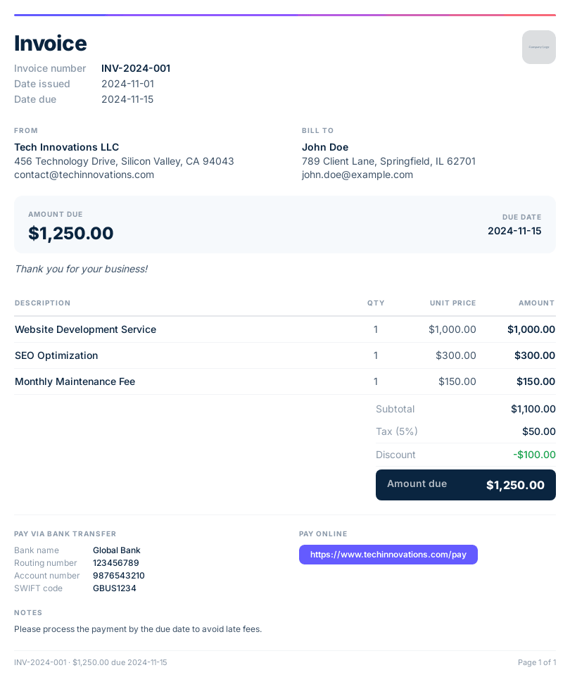 Invoice PDF generated via API — dynamic line items, tax logic, and branded layout