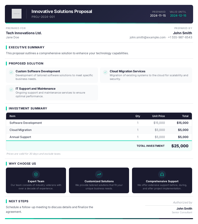 Business proposal PDF generated via API — pricing table, solution summary, and signature